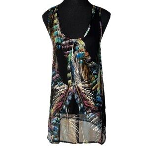 LOVELYGIRL COLLECTION Sheer Tank Top Black Multicolour Feather Pattern Racerback
